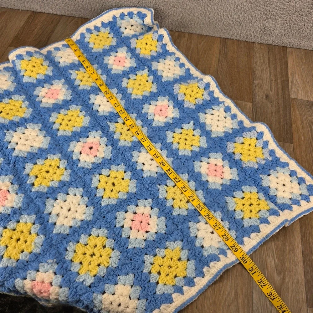 Vintage‎ Handmade Crochet Granny Square Baby Blanket Blue Yellow Pink 29x30